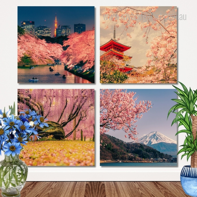 Fuji Mountain And Cherry Blossoms In Spring Japan Naturescape Modern Framed Wall Art Image 4 Piece Wall Art Framed Canvas Prints Set For Home Decor